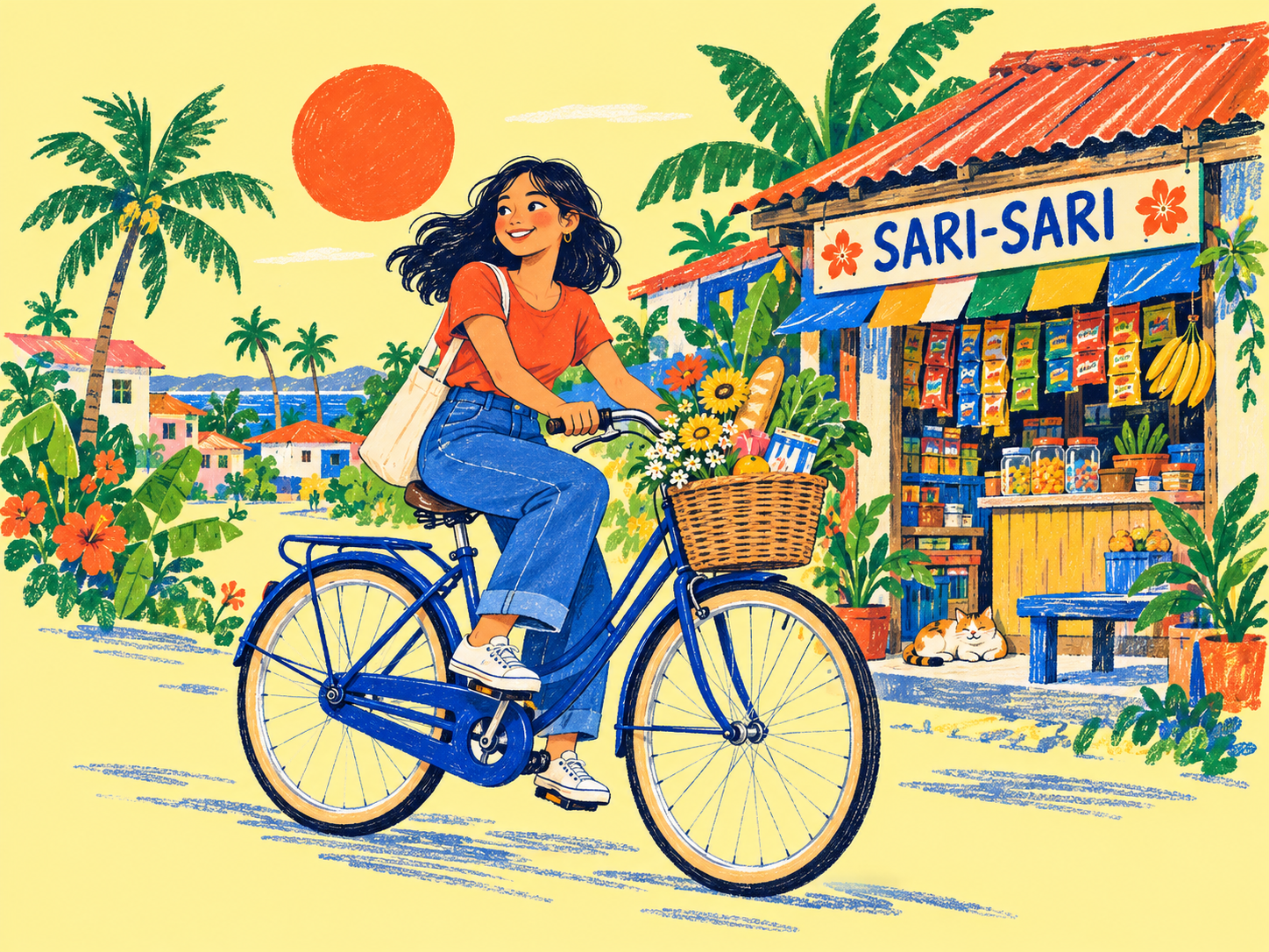 Colorful illustration of a Filipino shopper cycling past a neighborhood store